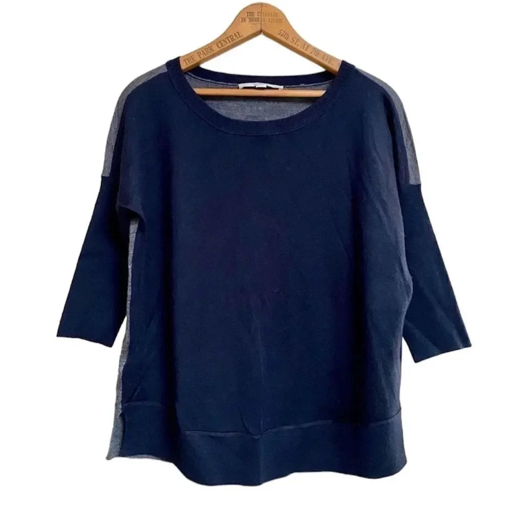 LOFT Merino Wool Blend Colorblock Sweater XS Navy Gray Boxy 3/4 Sleeve Knit